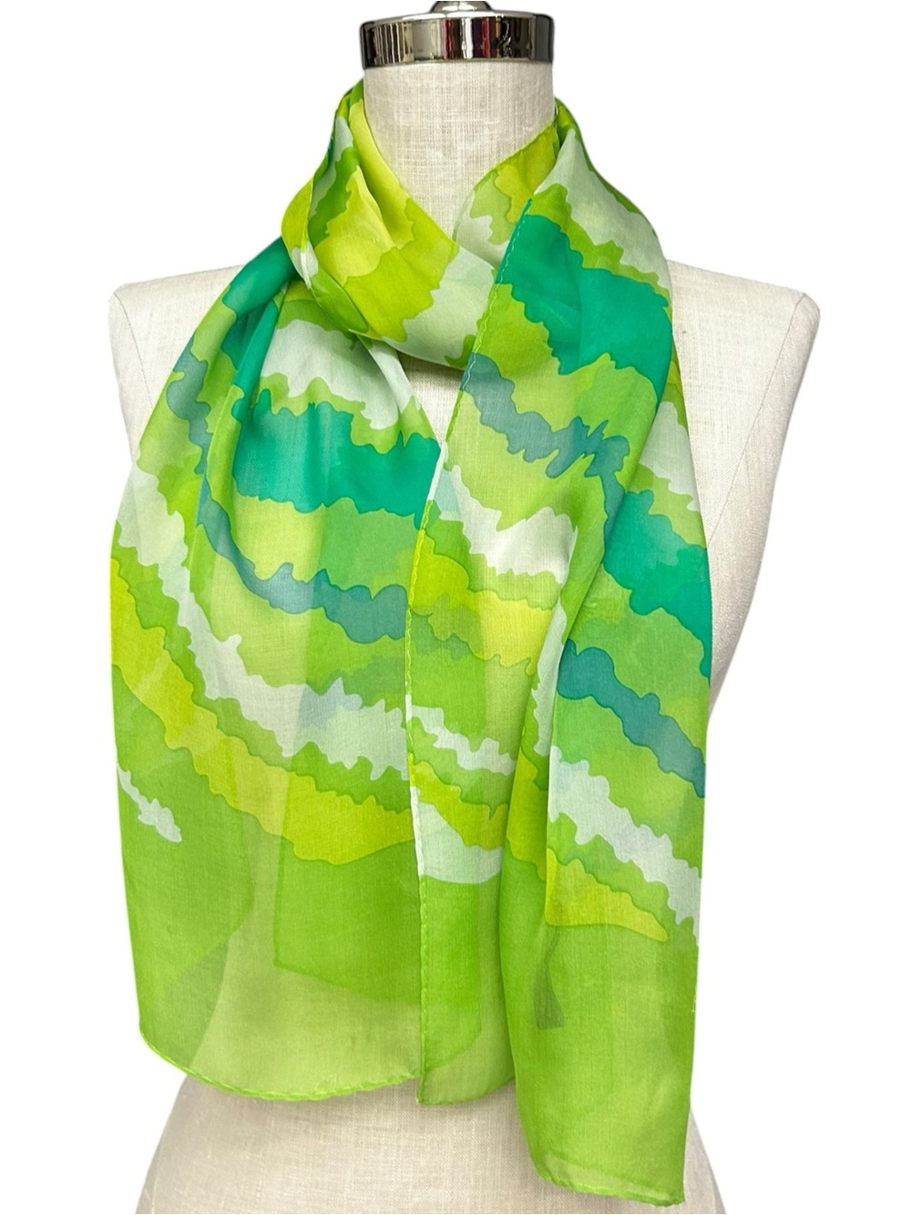 Anne Klein Green Multi-Tone Patterned Scarf Silk Sheer Skinny Scarf